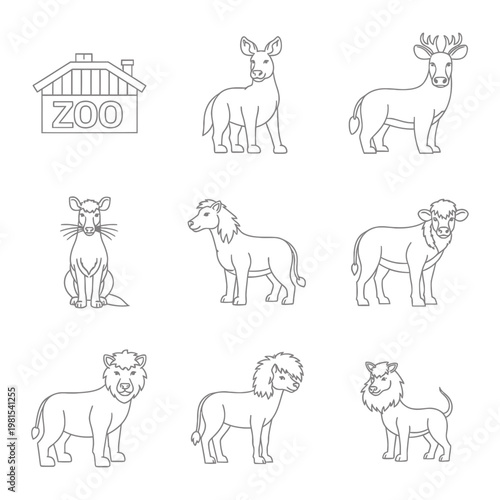 Zoo building and wild animal line art icons