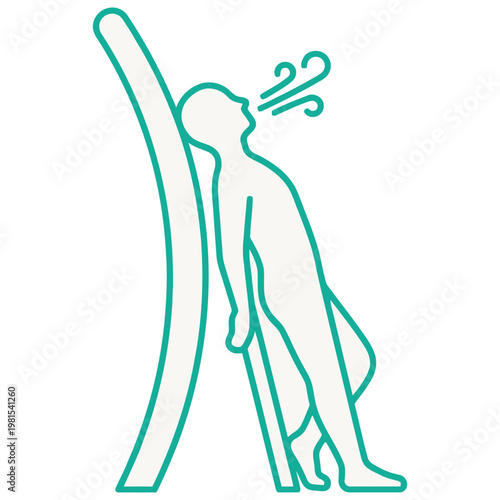 Person relaxing leaning against a curved structure breathing out.