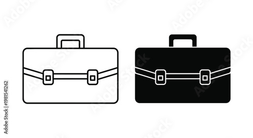 Minimalist business briefcase icon set featuring outline and solid black versions for professional corporate identity, career development, and office management interface design.