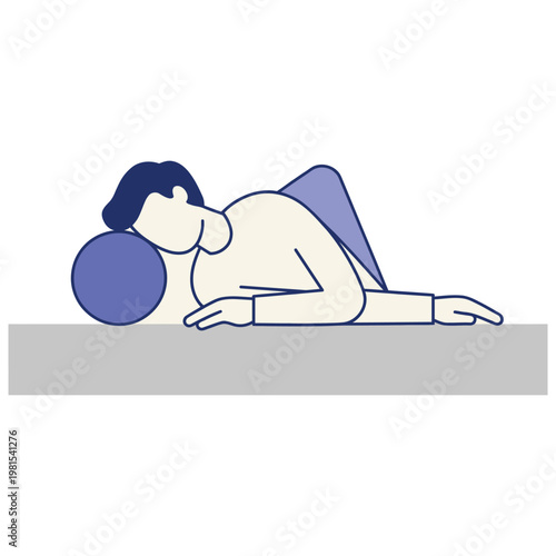 Person resting head on a blue ball on a gray surface.