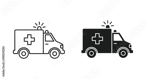 Minimalist ambulance icons in outline and solid styles representing emergency medical services, urgent healthcare transport, and first responder assistance for web and app design.