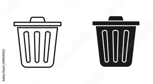 Minimalist trash can and garbage bin icons in outline and solid black styles for user interface design, waste management applications, and digital file deletion symbols.