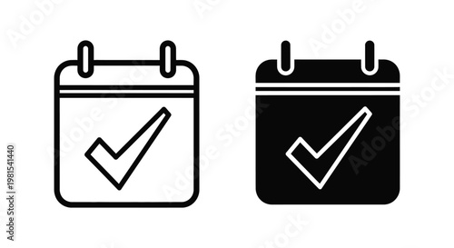 Minimalist calendar icons with checkmark symbols representing scheduled appointments, completed tasks, and organized planning in both outline and solid vector styles for business productivity.