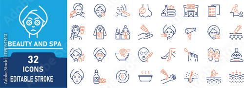 Beauty and Spa Line Icons Set . Contain to related icons Skincare, Facial Treatment, Massage, Wellness, Salon and Self Care Editable Stroke Vector Collection.