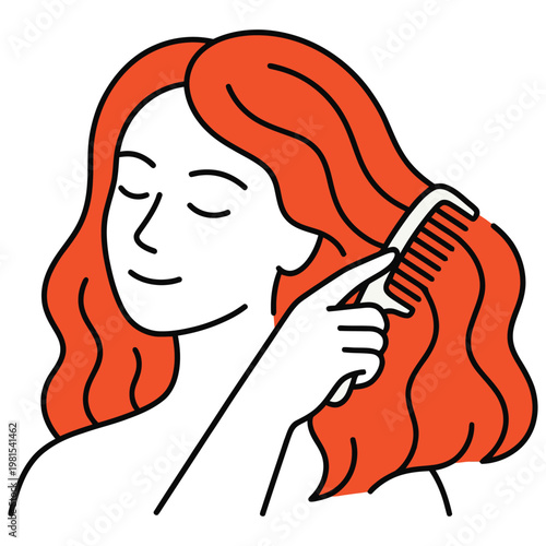Woman Combing Her Long Wavy Red Hair.