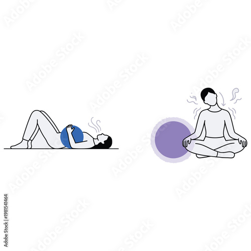 Woman Breathing Exercise and Man Meditating.