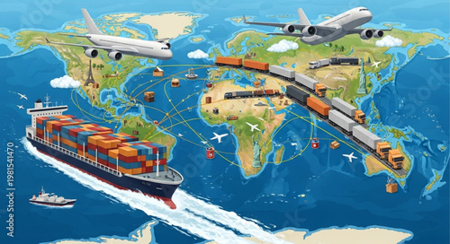 Global Logistics Network - Airplanes, Cargo Ship, and Freight Train Integration.