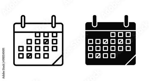 Minimalist calendar icon set featuring outline and solid glyph styles for business scheduling, event planning, and time management applications.