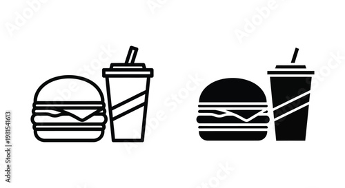 Minimalist fast food combo icons featuring a cheeseburger and soft drink cup with straw, presented in both outline and solid black vector styles for restaurant menus and digital apps.