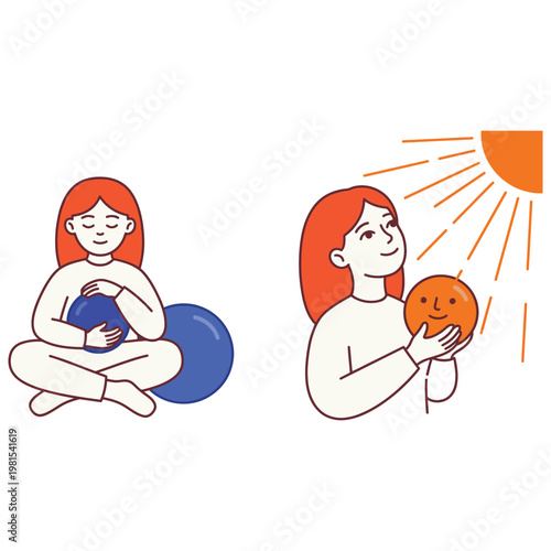 Woman meditating with blue ball and holding sun ball.