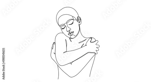 Continuous Line Art Self Hug Human Figure Minimalist Self Love Healing Concept Illustration