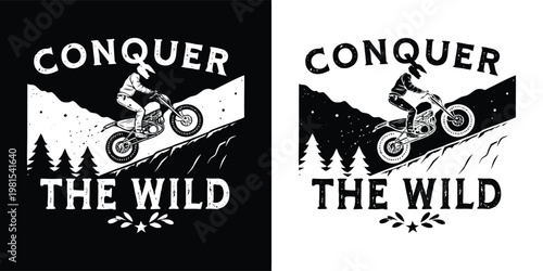 Dynamic vector illustration featuring a motocross rider on a dirt bike climbing a steep hill, embodying the spirit to conquer the wild.