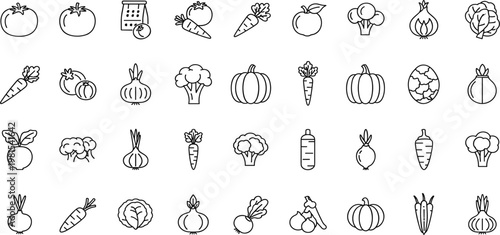 Vegetable Line Icons Set with Tomato, Carrot, Broccoli, Pumpkin and Onion, Outline Food Illustration Collection for Healthy Diet, Organic Cooking, Menu Design, and Nutrition Concepts