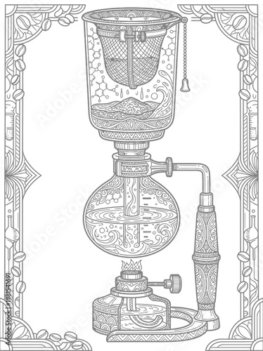 Intricate Syphon vacuum coffee brewer coloring page, laboratory style line art for adults.