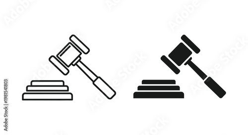 Minimalist judge gavel and auction hammer icons in outline and solid black styles representing the legal system, justice, and authority for court or bidding contexts.