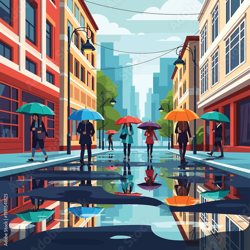 People walking with colorful umbrellas downtown 2.