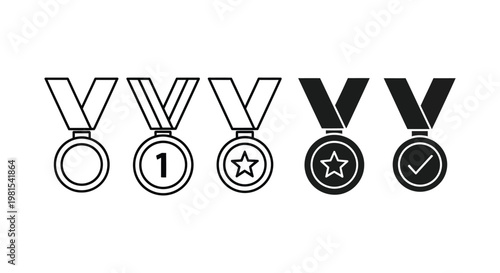 Set of minimalist medal icons featuring first place, star, and checkmark symbols for achievement and gamification progress tracking