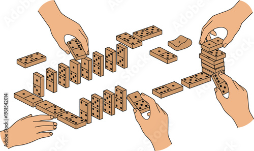 Vector illustration of hands arranging dominoes in chain reaction and stacked tower design symbolizing teamwork and creativity