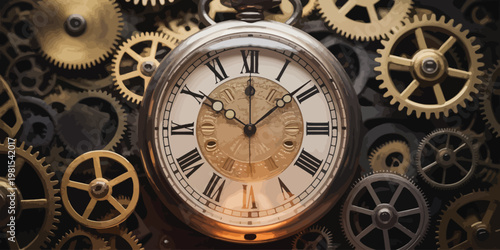 Clock, antique face with visible gears, time passing concept, vintage mechanism design, classic horology symbol, detailed vector illustration.