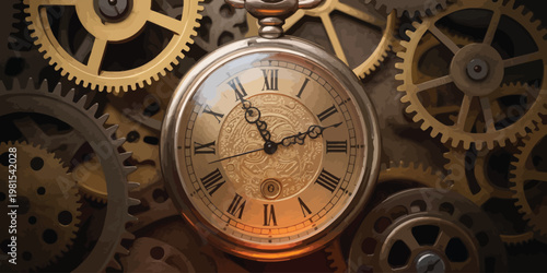 Clock, antique face with visible gears, time passing concept, vintage mechanism design, classic horology symbol, detailed vector illustration.