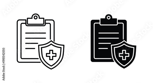 Health insurance policy and medical record icons featuring a clipboard with a protective shield and cross symbol for healthcare documentation and patient data security.