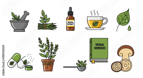 Herbal Medicine Icons: Mortar, Plants, Tincture, Tea, Book, Mushroom, Capsules