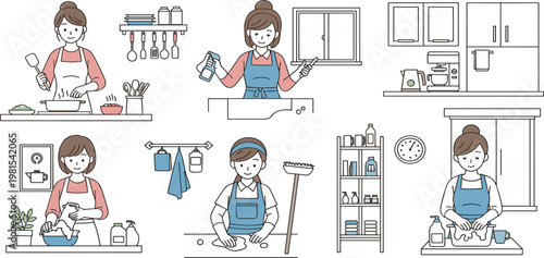 Woman Performing Daily Household Activities Including Cooking Cleaning Washing and Kitchen Tasks in Modern Home Interior Flat Vector Illustration Set