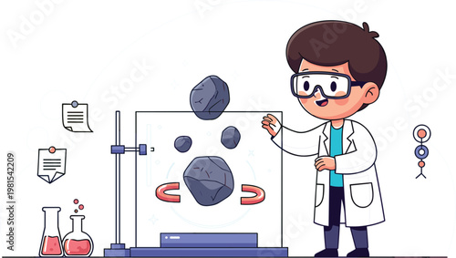 Young Scientist Experiment Illustration with Magnetism, Floating Objects, Laboratory Equipment, Science Education and STEM Learning Concept