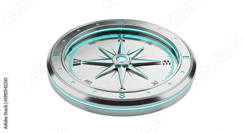Modern Illuminated Silver Compass with Blue Light on White Background
