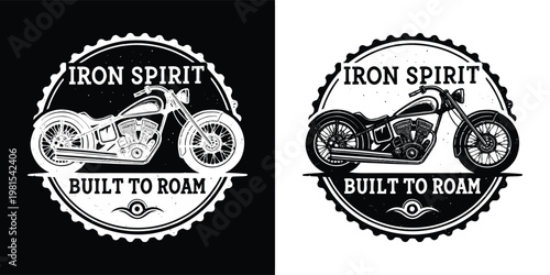 Vintage motorcycle emblem design featuring a custom chopper silhouette with rugged lettering for a classic biker style clothing brand logo