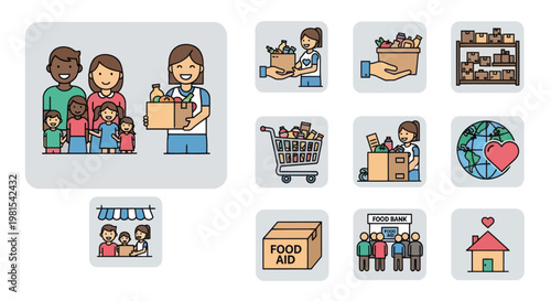 Charity Food Bank Icons: Helping Families, Donations, Volunteering, and Community Support