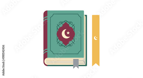 Islamic Book, Quran, Crescent Moon and Star, Religious Symbol, Flat Design