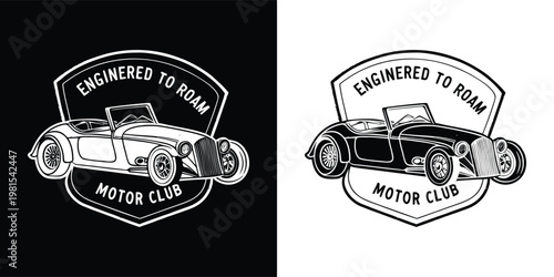 Vintage motor club emblem featuring a classic open-top roadster car with "engineered to roam" and "motor club" text, perfect for automotive enthusiasts.