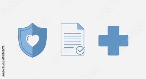 Health Insurance Shield, Document, and Medical Cross Icons