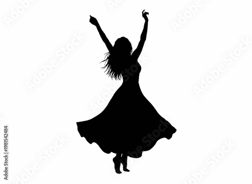 Silhouette of Graceful Movement: An elegant silhouette of a woman in a flowing dress dancing with uplifted arms. Represents freedom and artistry.