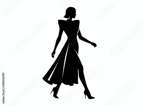 Elegant Silhouette: A graceful silhouette of a woman in a stylish dress confidently strides forward, embodying sophistication and poise.