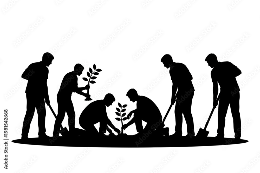 Obraz premium Hope for a Greener Tomorrow: A group of individuals comes together, planting saplings with focused determination. Each motion plants a seed of hope for a thriving ecosystem and a vibrant future.