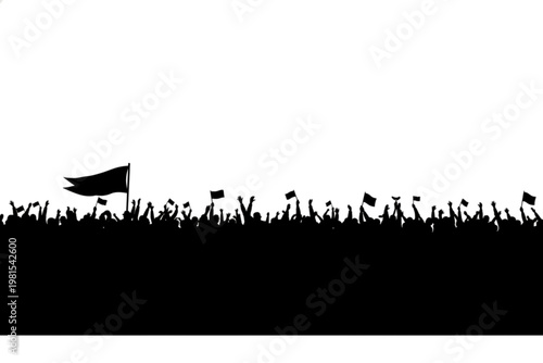 A Sea of Celebration: An expansive crowd silhouette waves flags, expressing unified jubilation and solidarity. This abstract image captures the essence of shared joy and collective triumph.