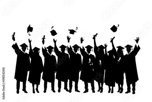 Triumphant Silhouette: A mass of graduates throws their caps high in the air, silhouetted against a bright background, symbolizing triumph and the culmination of years of hard work.