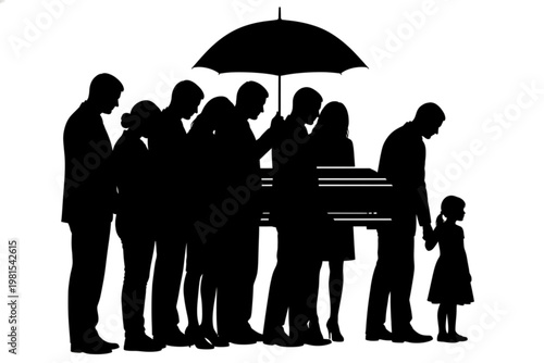 Solemn Procession: Silhouetted figures gather beneath an umbrella, walking with heavy hearts, carrying a coffin in a funeral procession. conveying a sense of loss and shared grief.