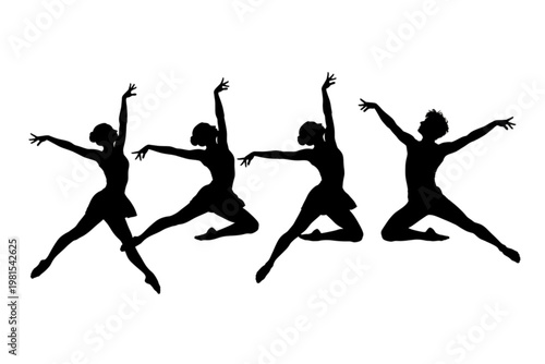 Dance silhouettes in motion: graceful silhouettes of dancers, captured mid-air, expressing rhythm and the beauty of movement. 