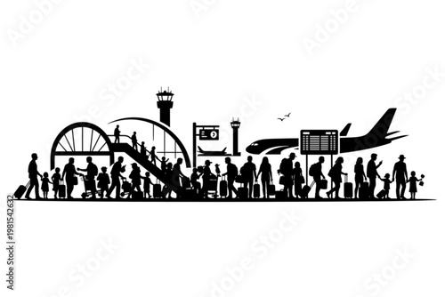 Journey's Beginning: A silhouetted tableau of travelers navigating an airport scene, the anticipation of flight etched against the backdrop of an aircraft ready for takeoff.