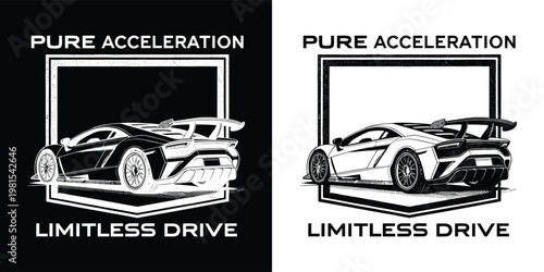 Modern sports car silhouette featuring sharp aerodynamic lines and aggressive rear styling presented in a bold black and white graphic design