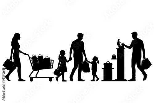 Silhouette Family Shopping: A black silhouette image depicts a family enjoying shopping. The mother is carrying a handbag and pushing the shopping cart which is full of shopping bags.
