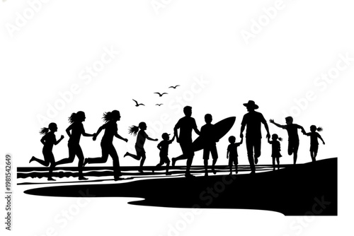 Silhouette of Summer Bliss: A group of individuals, embracing the vibrant spirit of summer, runs joyfully toward the ocean. The silhouette captures the essence of a carefree day.
