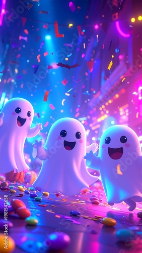 A group of cheerful ghosts amidst colorful confetti and lights