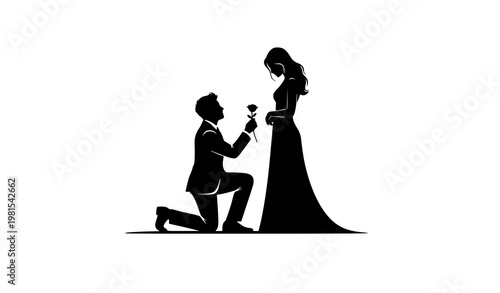 Elegant engagement proposal silhouette couple romantic flower vector love scene illustration