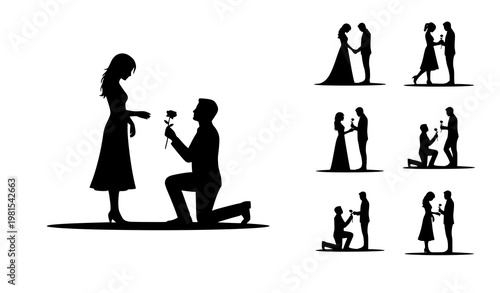 Minimal romantic proposal silhouette set engagement couple wedding flower vector illustration