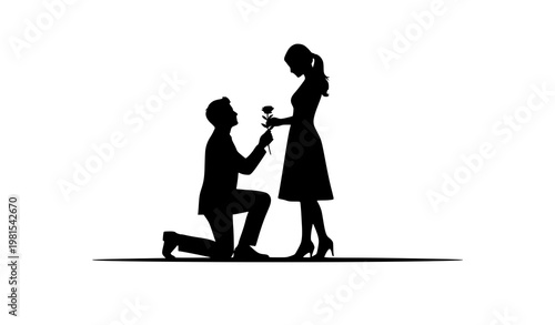 Romantic proposal couple silhouette engagement flower wedding vector illustration isolated background