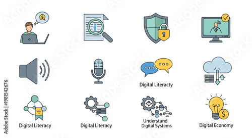 Digital Literacy and Economy Icons: Learning, Security, Communication, and Innovation